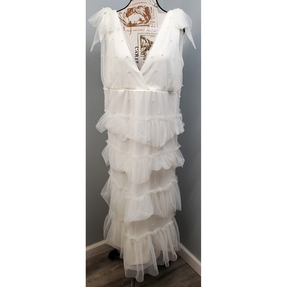 NY&C Lena Maxi Dress Womens Large White Pearl Tulle Tiered Embellished Evening